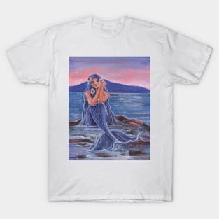 Daydreamer mermaid ocean sunset art by Renee Lavoie T-Shirt